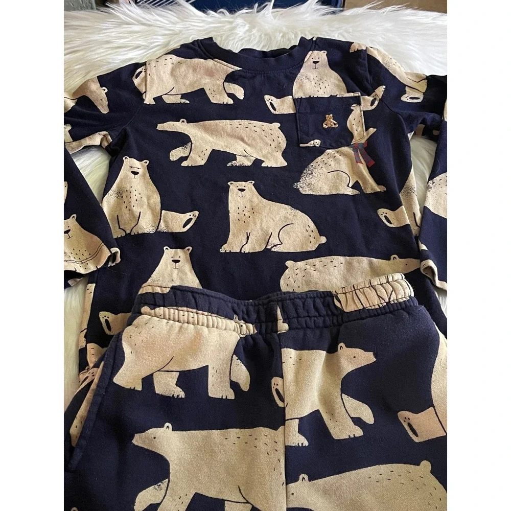 Gap Baby Boy's Navy Blue Cream Polar Bear Long Sleeve Top & Jogger Set Size 6